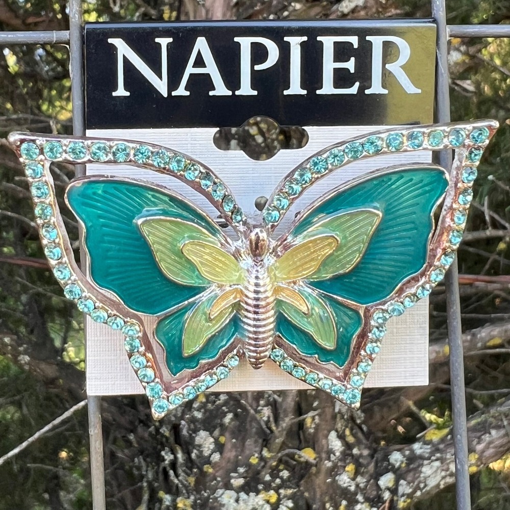 Vintage Napier Brooch‎ Pin Green Butterfly Rhinestones Classic Jewelry